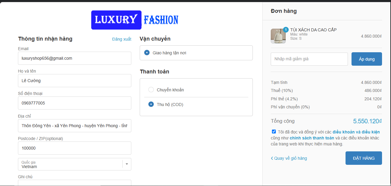 Điền thông tin checkout