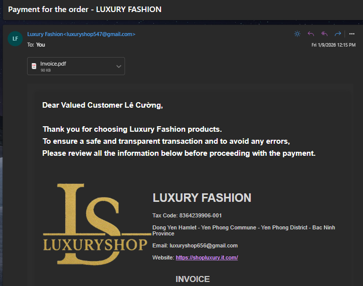 Order confirmation email