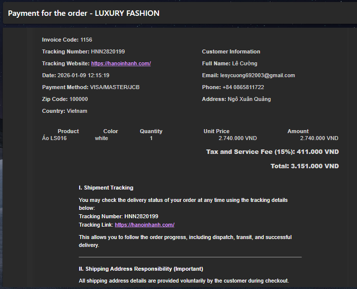 Order confirmation email