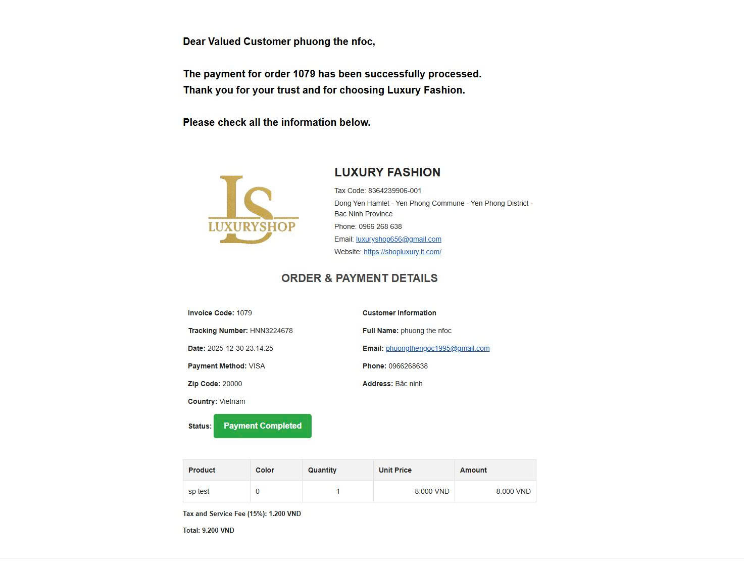 Payment confirmation email