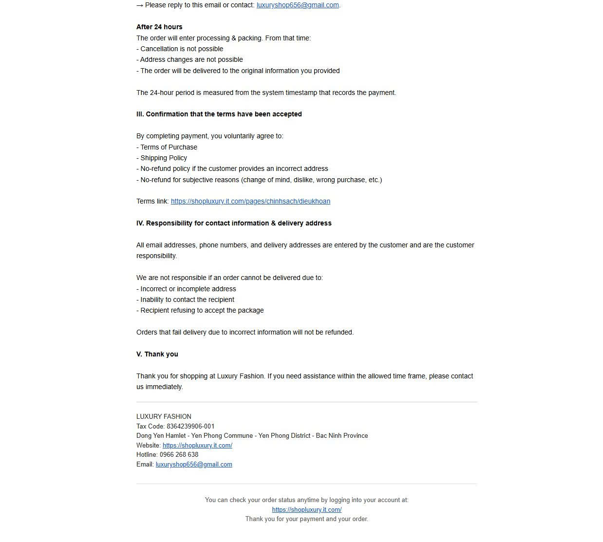 Payment confirmation email